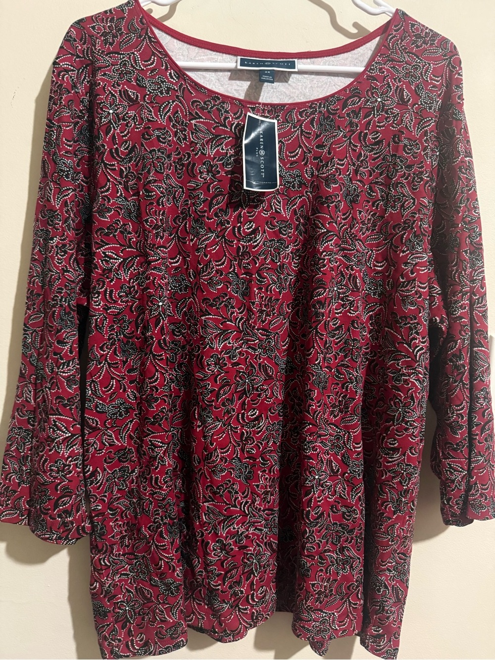 Karen Scott Burgundy Floral Long-Sleeve Scoop Neck Top